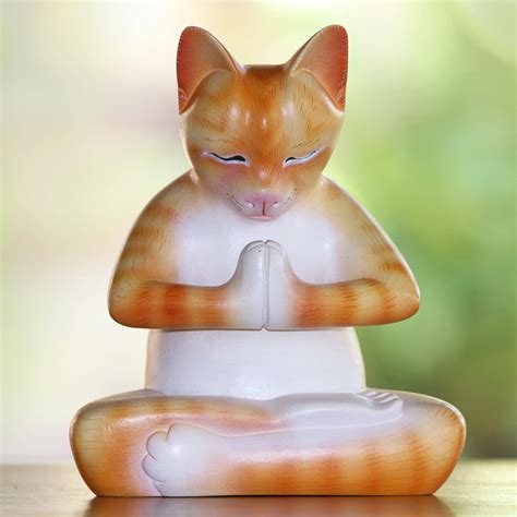 Unicef Market Wood Meditating Cat Statuette In Orange And White From