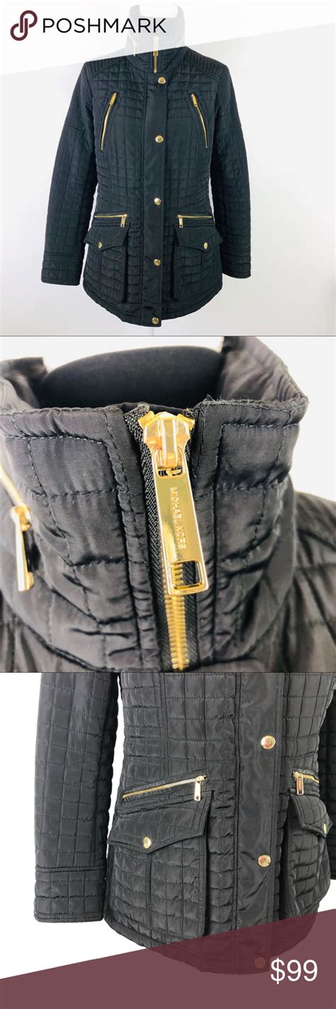 Michael Kors Black Quilted Zipper Coat Jacket Gold Zipper Coats