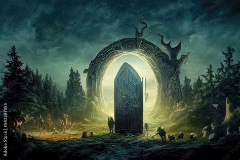 Ilustracja Stock Ancient Gate To Valhalla Pine Forest With Tall Pine