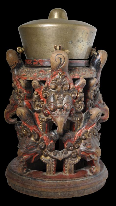 Polychrome Carved Wooden Karang Asti Stand And Gong Kempli Michael