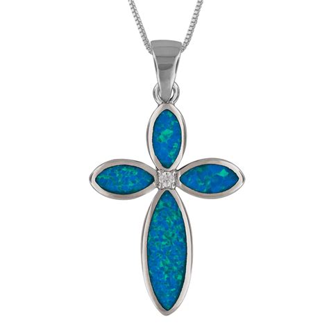 Sterling Silver Synthetic Blue Opal Cross Pendant Necklace 162 Exte