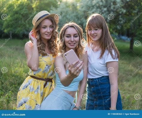 Group Of Girls Friends Take Selfie Photo Stock Image Image Of Playing Holiday 118038363