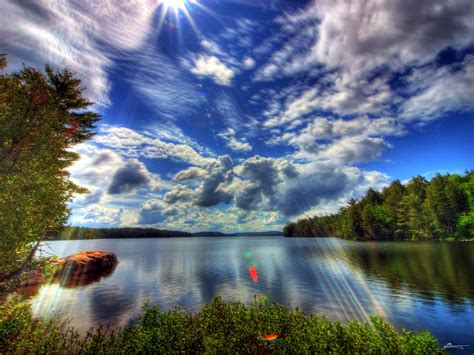 Body Of Water Surrounded By Tree Under Blue Clouds Photography Hd