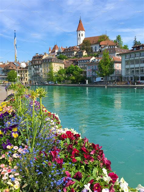 The City Center Of Thun Switzerland Stock Photo Containing Aare And