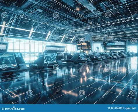 Futuristic Airport With Hovering Planes And Holographic Displays Stock