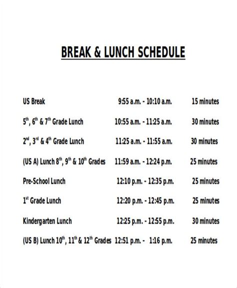 8 Lunch Schedule Templates Sample Examples Free And Premium Templates