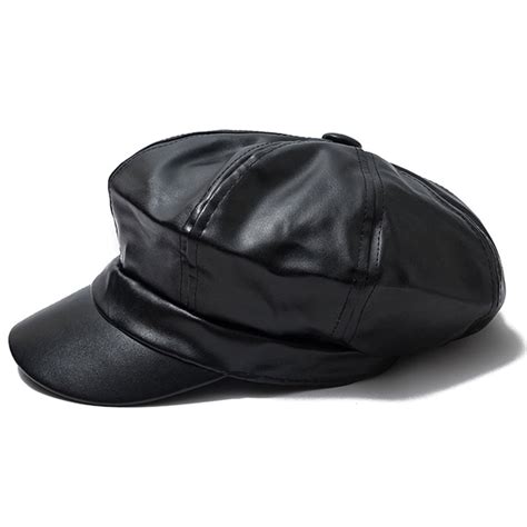 Women Retro Short Brim Berets Pu Leather Octagonal Newsboy Cap Hat