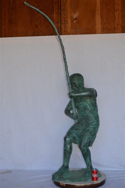 Young Boy Fishing Bronze Statue Green Patina Size 16l X 54w X 62