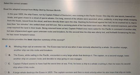 solved select the correct answer read the adapted excerpt from moby dick by herman melville