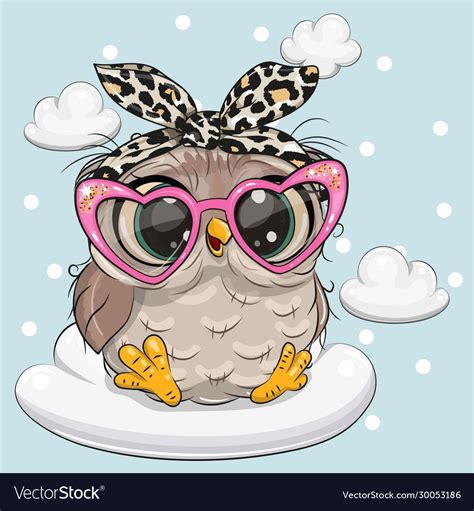 Cute Cartoon Owl In Pink Glasses On The Cloud Download A Free Preview