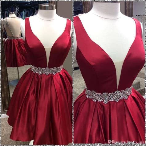 Sexy Bright Red Short Homecoming Dresses Deep V Neck Satin Beads Crystals Sashes Mini Cocktail