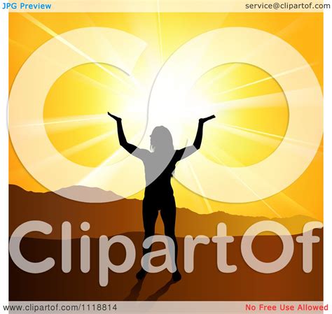 Clipart Of A Silhouetted Spiritual Woman Under An Orange Mountainous
