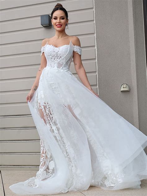 A Line Princess Tulle Applique Off The Shoulder Sleeveless Sweep Brush Train Wedding Dresses At