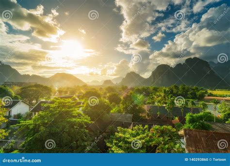 Landscape View Beautiful Sunset At Vang Vieng Laos Stock Photo Image