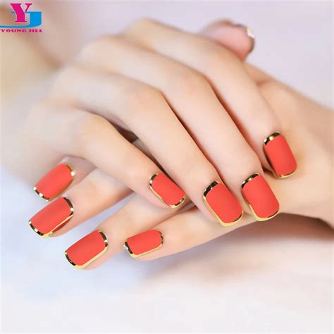 2016 New Fashion False Nail Tips Red Matte Metallic Side French Manicure Artificial Nails High