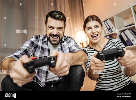 Happy People Playing Computer Games Stock Photo Alamy