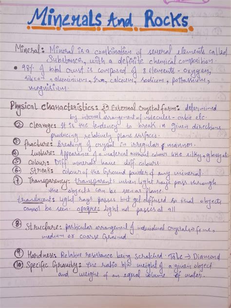 Handwritten Notes Of Minerals And Rocks Geography Class 11th