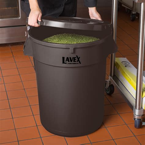 Lavex Janitorial 32 Gallon Brown Round Commercial Trash Can And Lid