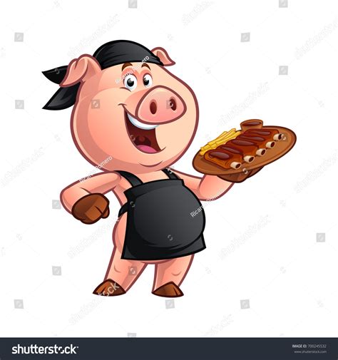 Pig Chef Carrying Tray Barbecue Rib Vetor Stock Livre De Direitos