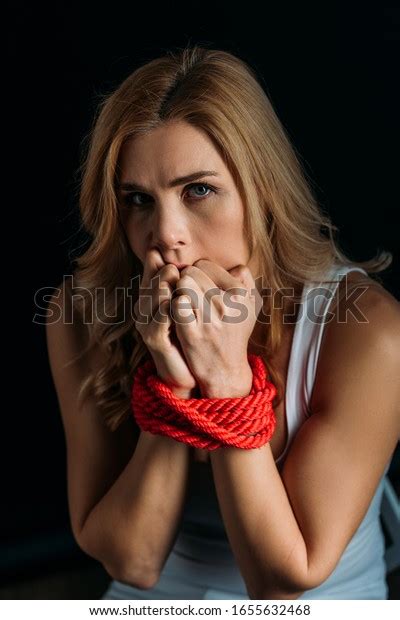 Scared Woman Tied Hands Looking Camera Stock Photo Shutterstock