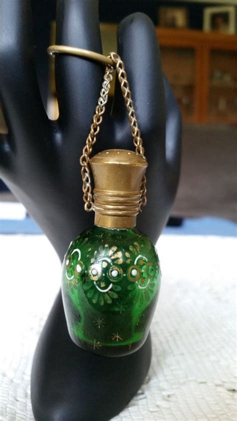 Antique Brass Enamel Green Glass Perfume Bottle Chatelaine Etsy Glass Perfume Bottle Green