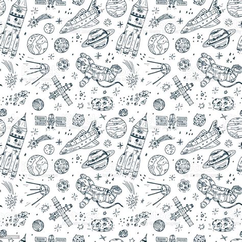 Hand Drawn Space Doodle Vector Seamless Pattern Stock Illustration 