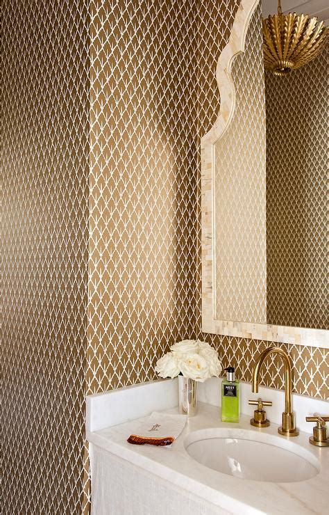 Brown And Gold Powder Room With Mughal Leaf Wallpaper Contemporary