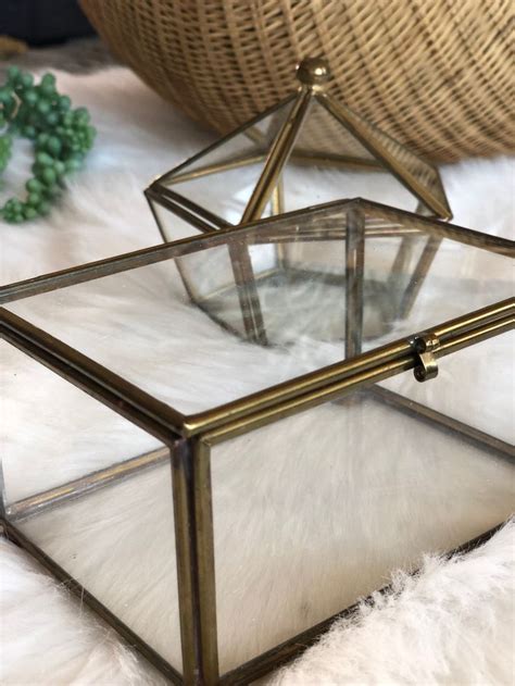 Set Of 2 Vintage Clear Glass Boxes Rectangle And Pentagon Shaped Jewelry Box Brass Trinket Box