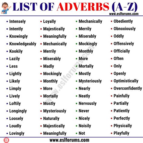 The following examples illustrate some of the most common types of adverbial phrases. List of Adverbs: 300+ Adverb Examples from A-Z - ESL Forums | List of adverbs, Adverbs, Learn ...