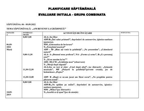 Planificarea Evaluare IniȚialĂ Grupa Mijlocie Planificare SĂptĂmÂnalĂ