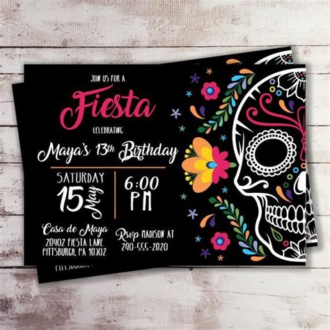 Editable Mexican Skull Fiesta Birthday Invitation Dia De Los Etsy