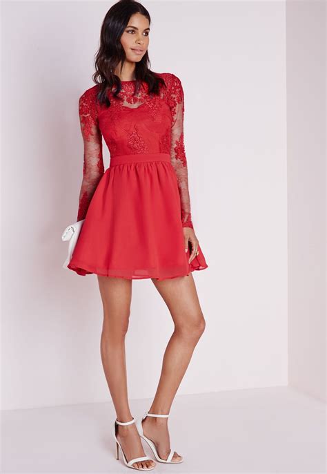 Missguided Premium Lace Long Sleeve Skater Dress Red Long Sleeve