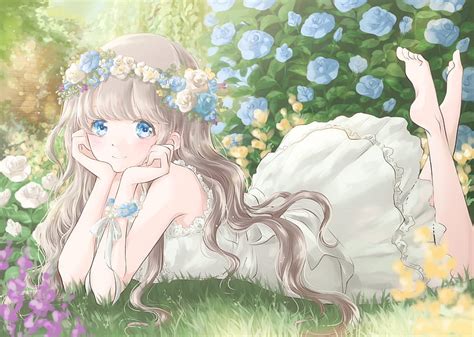 Wallpaper Anime Girl Lying Down Flowers Wallpapermaiden Reverasite