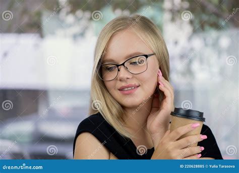 Portrait Of Beauty Model Teen Girl With Glasses And Craft Paper Cup Of Take Off Coffee Stock