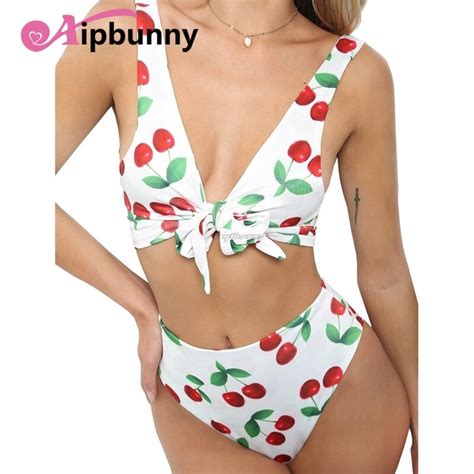 aipbunny sexy cherry fruits printed girls bikinis set 2018 reversible swimwear high waisted