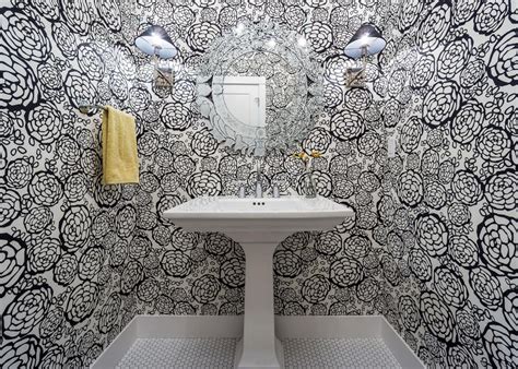 Bold Black And White Floral Wallpaper In Small Bathroom With White