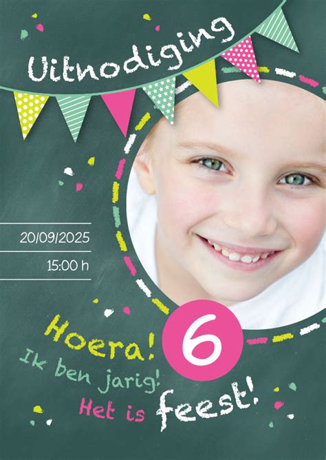 Uitnodiging Kinderfeestje Kriijtbord Roze Kaartje Go