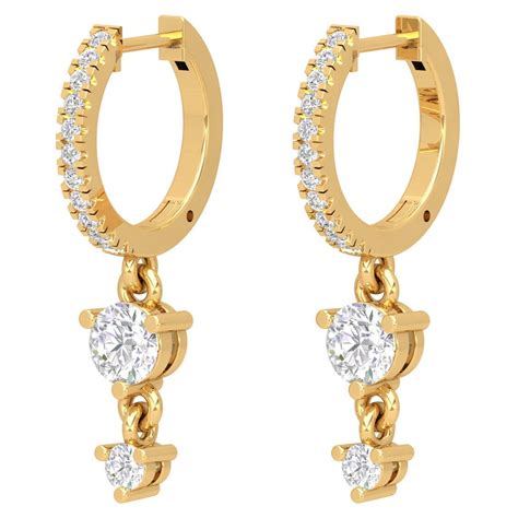 Double Drop Emerald Karat Gold Diamond Huggie Hoop Earrings For Sale