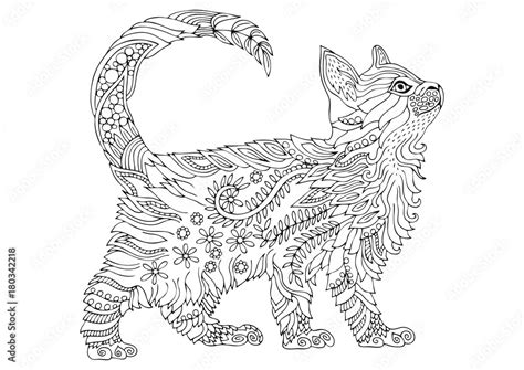 Hand Drawn Cat Sketch For Anti Stress Adult Coloring Book In Zen