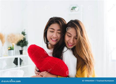 Beautiful Young Asian Women Lgbt Lesbian Happy Couple Sitting On Bed