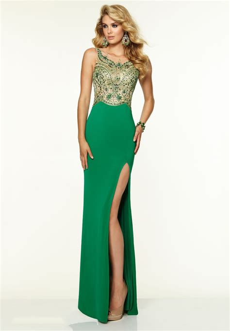 Emerald Green Prom Dress Sheer Tulle Beading Fitted Bodice Satin Floor