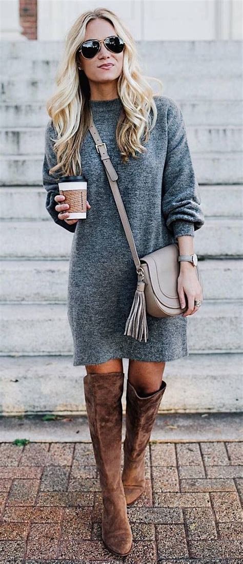 womens style cute winter outfit grey sweater dress bag brown over knee boots outfit ideas