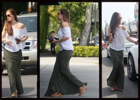 Minka Kelly Olive Maxi Skirt Off The Shoulder White Tee Green Maxi