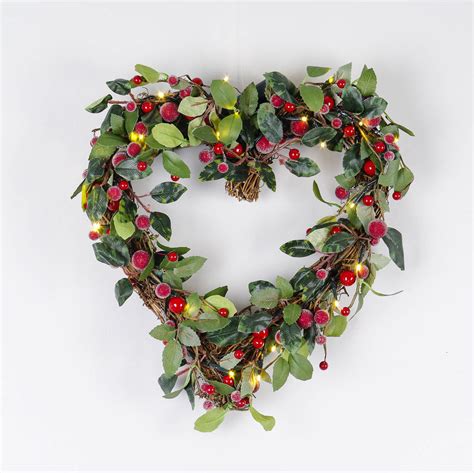 Pre Lit Christmas Heart Shaped Red Berry Door Wreath By Ella James
