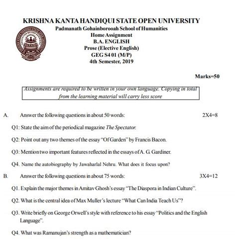 Kkhsou Krishna Kanta Handiqui State Open University Ba English 4