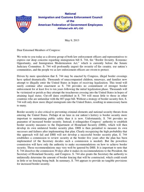 Opening remarks for letters requesting information: Letter from National Immigration and Customs Enforcement Council to members of Congress ...