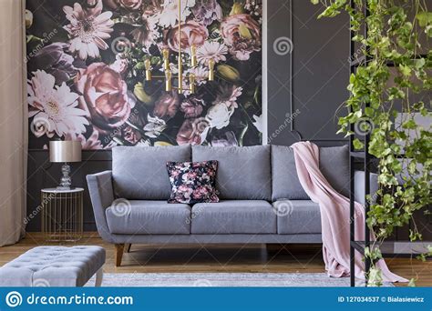Real Photo Of A Floral Living Room Interior With A Wallpaper Sofa And