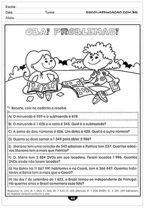 Atividades De Matemática 4º Ano Problemas Escola Educação