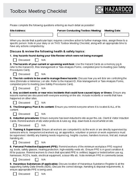 Toolbox Meeting Checklist Editable Personal Protective Equipment