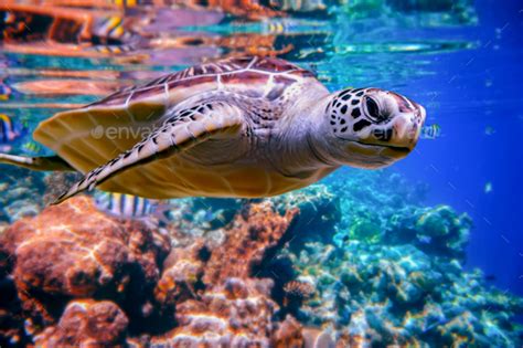 Sea Turtle Swims Under Water On The Background Of Coral